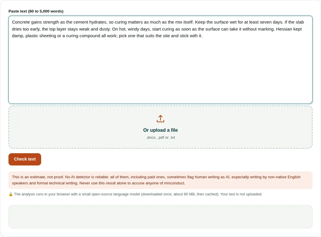 AI content detector with a 75-word paragraph about curing concrete pasted in, the Check text button, and a warning that the result is an estimate, not proof
