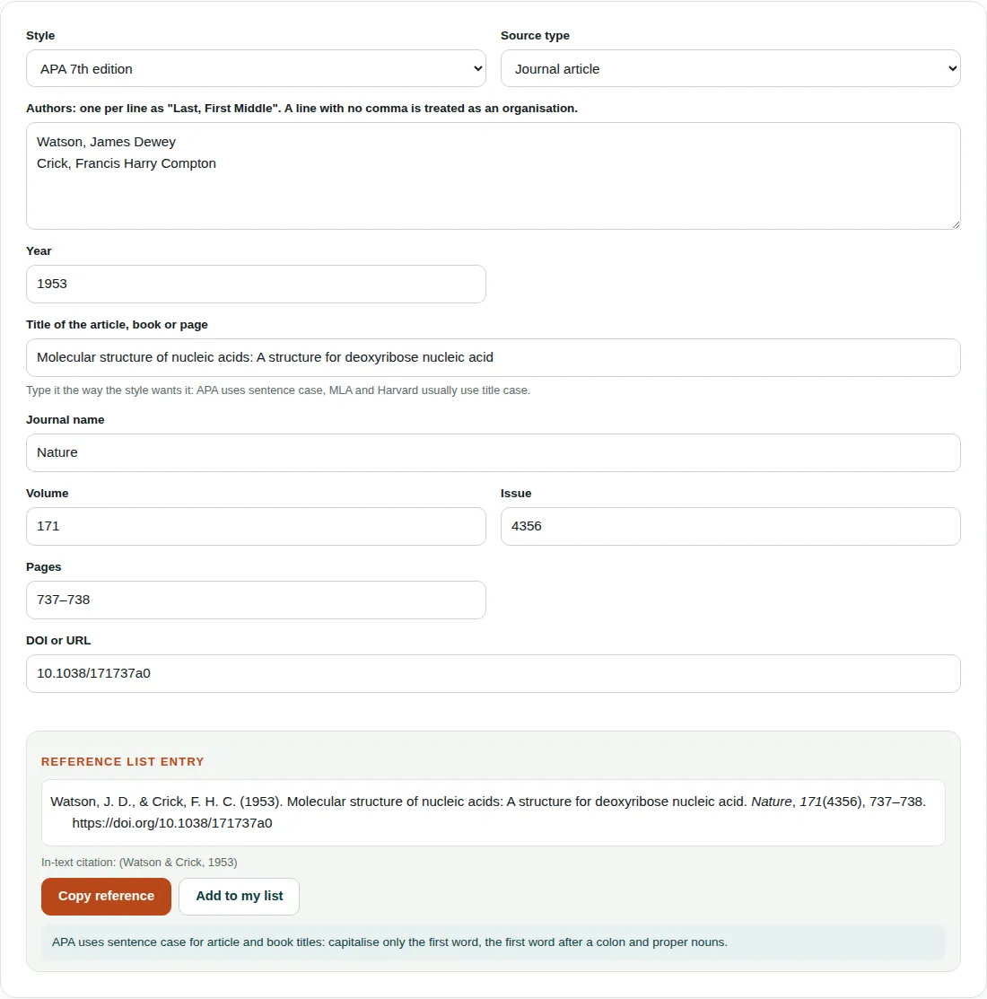 Citation generator set to APA 7th edition and Journal article, showing the reference for Watson and Crick's 1953 Nature paper and the in-text citation (Watson & Crick, 1953)