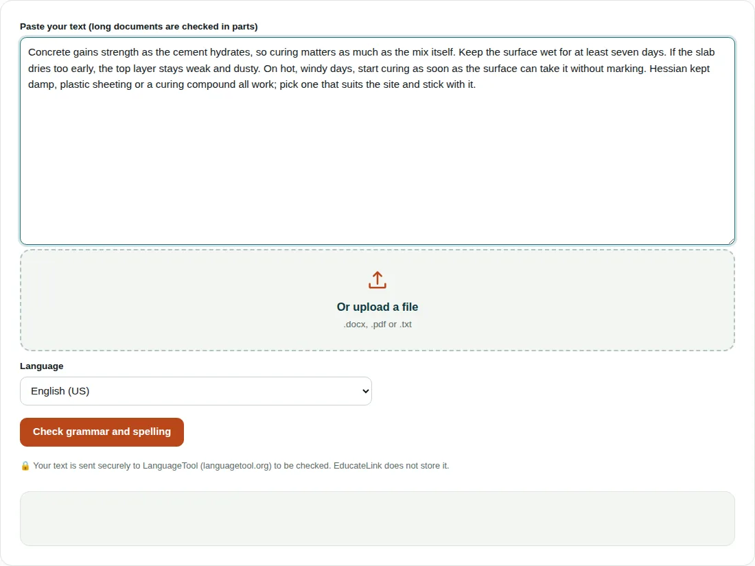 Grammar checker with a paragraph about curing concrete pasted in, Language set to English (US), the Check grammar and spelling button and a note that text is sent to LanguageTool