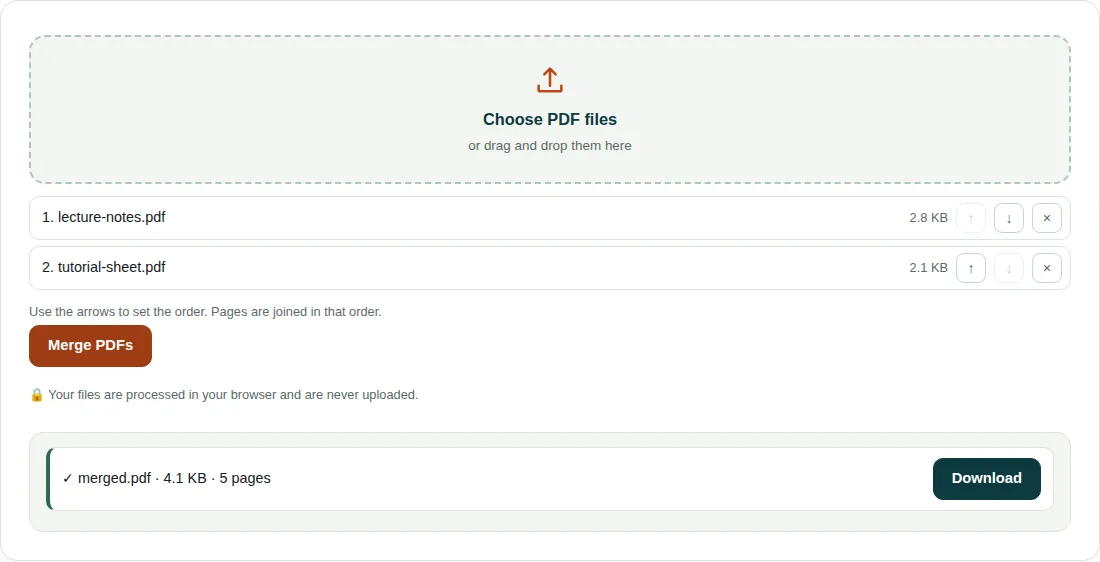 Merge PDF tool listing lecture-notes.pdf (2.8 KB) then tutorial-sheet.pdf (2.1 KB), with a 5-page merged.pdf of 4.1 KB ready to download