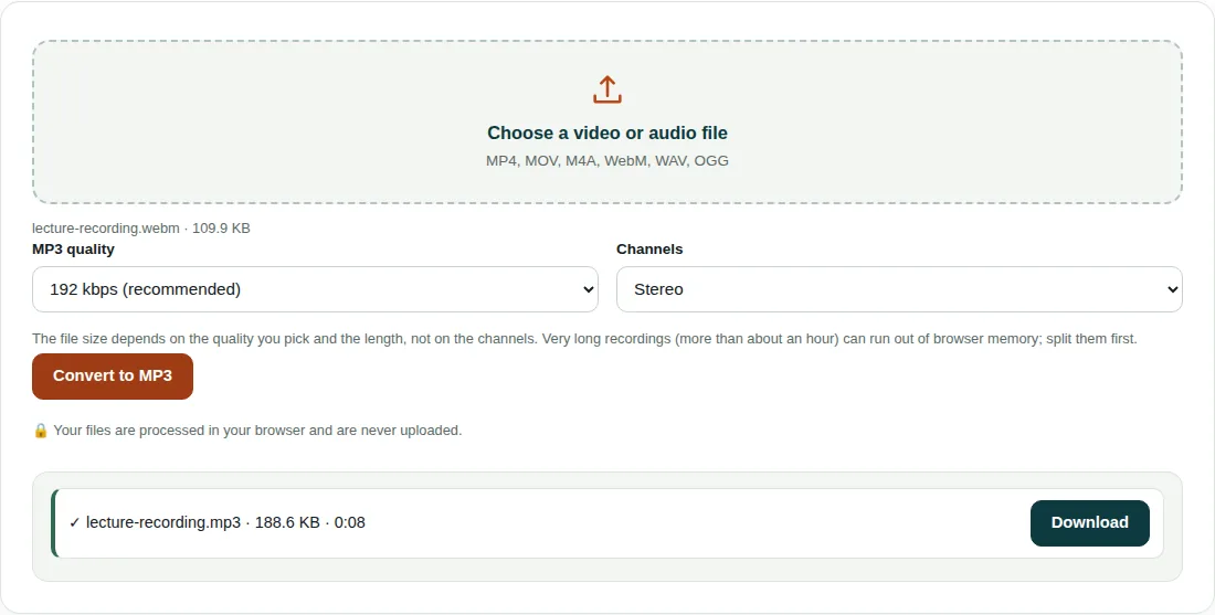 MP4 to MP3 tool with lecture-recording.webm (109.9 KB) loaded, 192 kbps and Stereo selected, and lecture-recording.mp3 of 188.6 KB, 0:08 long, ready to download