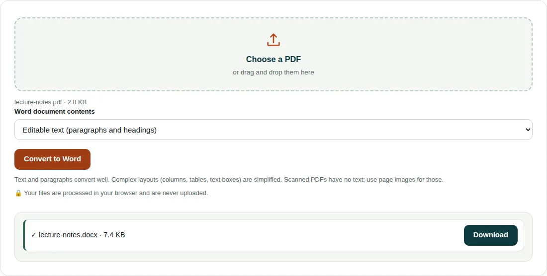 PDF to Word tool with lecture-notes.pdf loaded, Editable text (paragraphs and headings) selected, and lecture-notes.docx of 7.4 KB ready to download