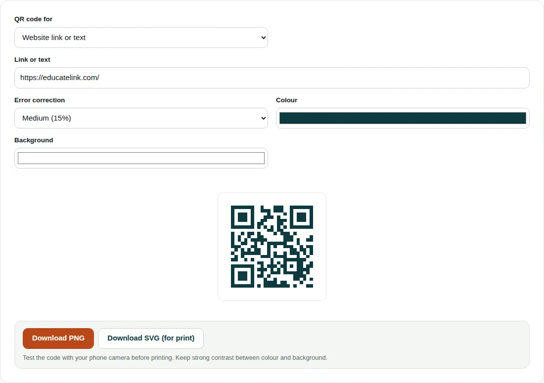 QR code generator set to Website link or text for https://educatelink.com/ with Medium (15%) error correction, showing a dark teal QR code on white and Download PNG and Download SVG (for print) buttons