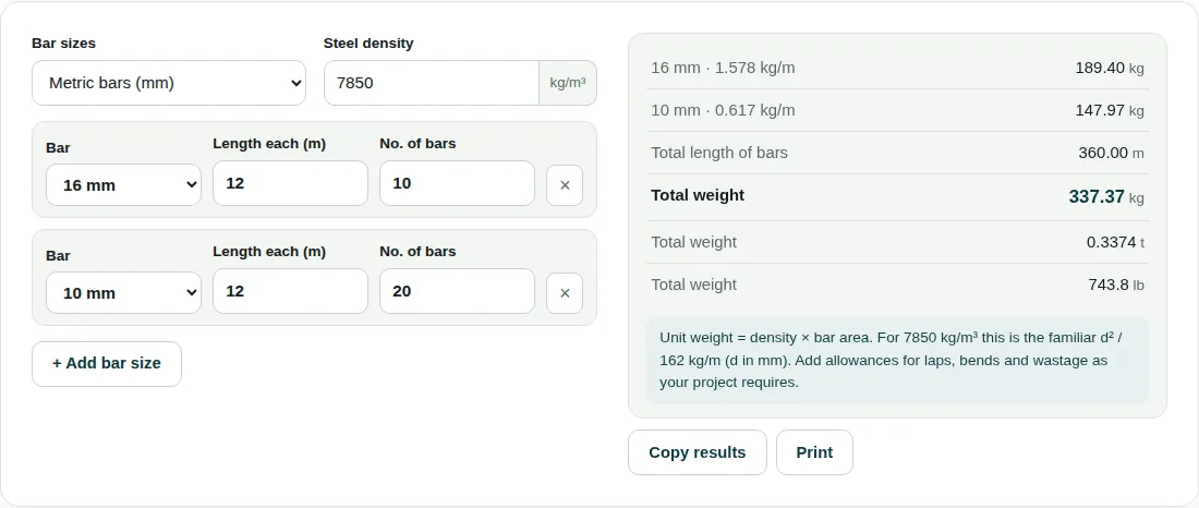 Rebar weight calculator with ten 16 mm bars and twenty 10 mm bars, each 12 m long, showing 189.40 kg and 147.97 kg and a total weight of 337.37 kg
