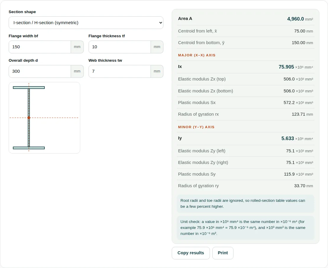 Section properties calculator for a 300 mm deep I-section with 150 × 10 mm flanges and a 7 mm web, showing an area of 4,960 mm², Ix of 75.905 × 10⁶ mm⁴ and Iy of 5.633 × 10⁶ mm⁴