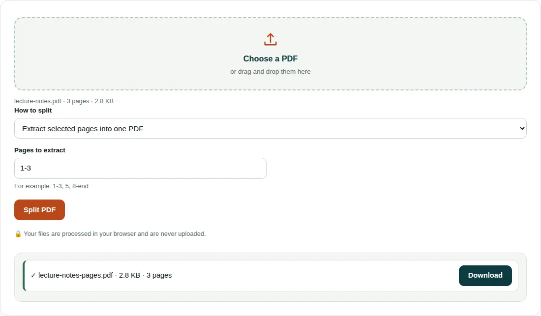Split PDF tool with lecture-notes.pdf (3 pages, 2.8 KB) loaded, pages 1-3 entered, and lecture-notes-pages.pdf of 2.8 KB ready to download