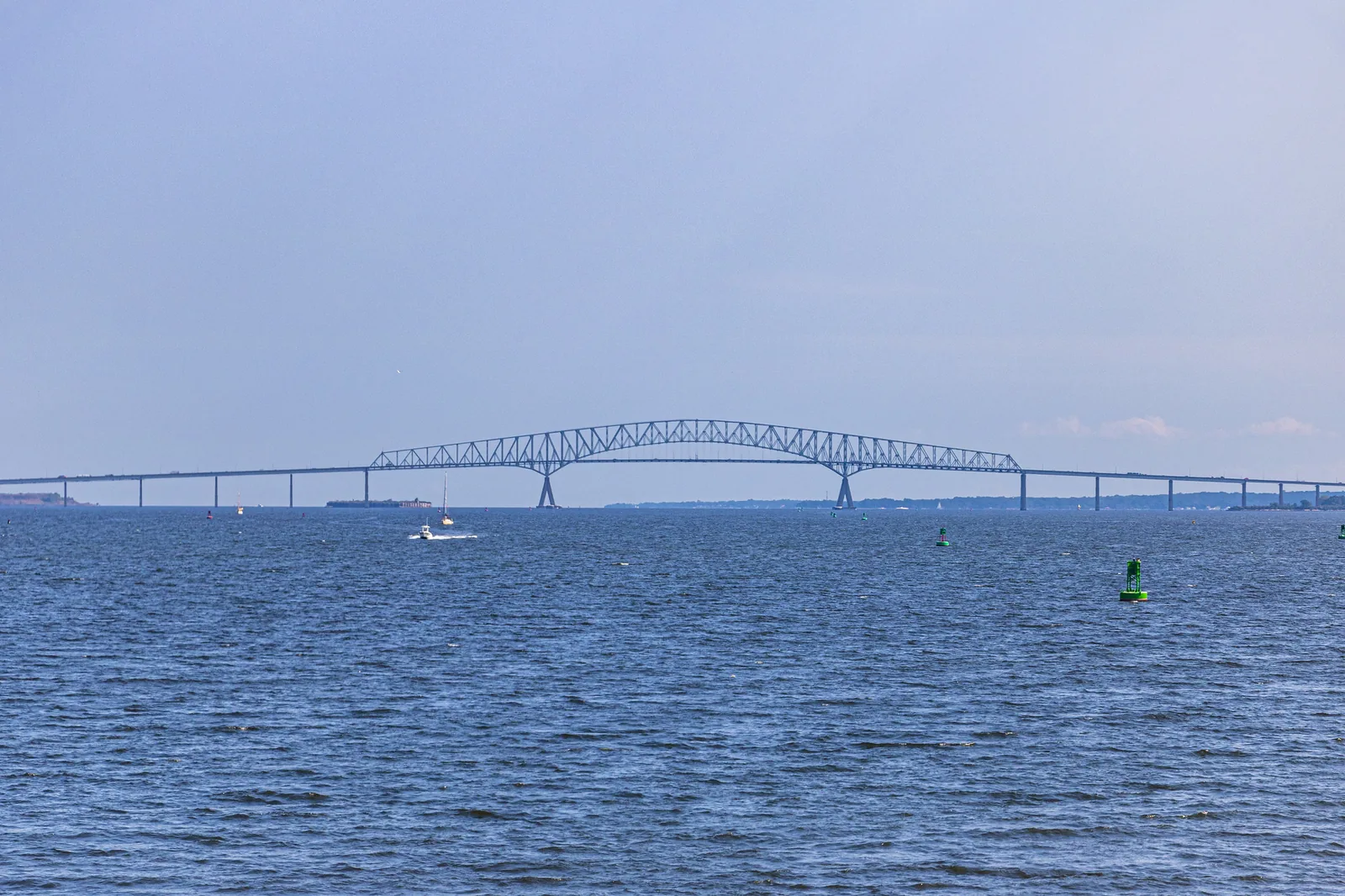 The Francis Scott Key Bridge in Baltimore before the collapse, with its arched steel truss over the shipping channel