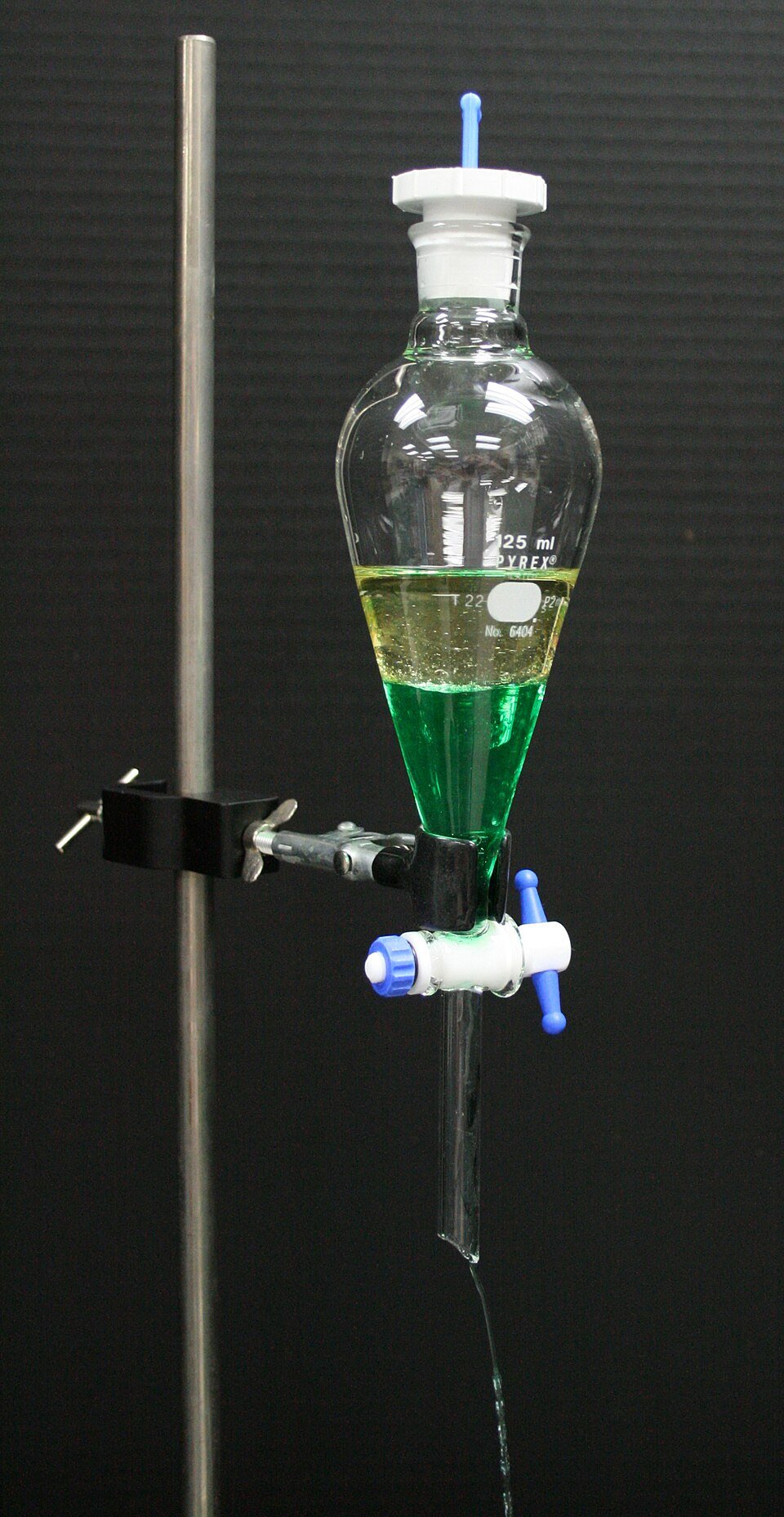 Oil and coloured water forming two separate layers in a separatory funnel