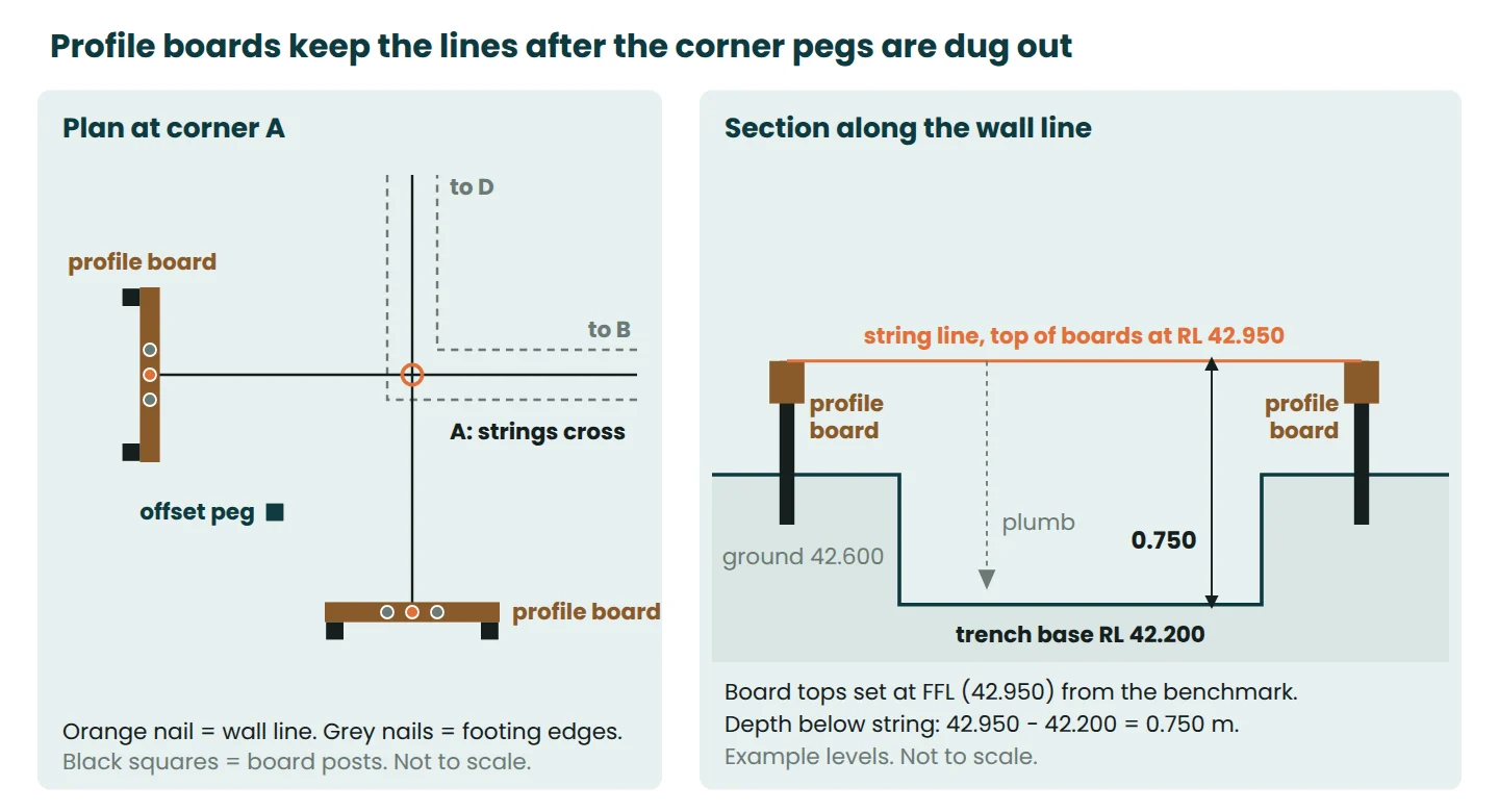 Plan of profile boards and string lines at a building corner, and a section showing board tops at FFL and trench depth below the string